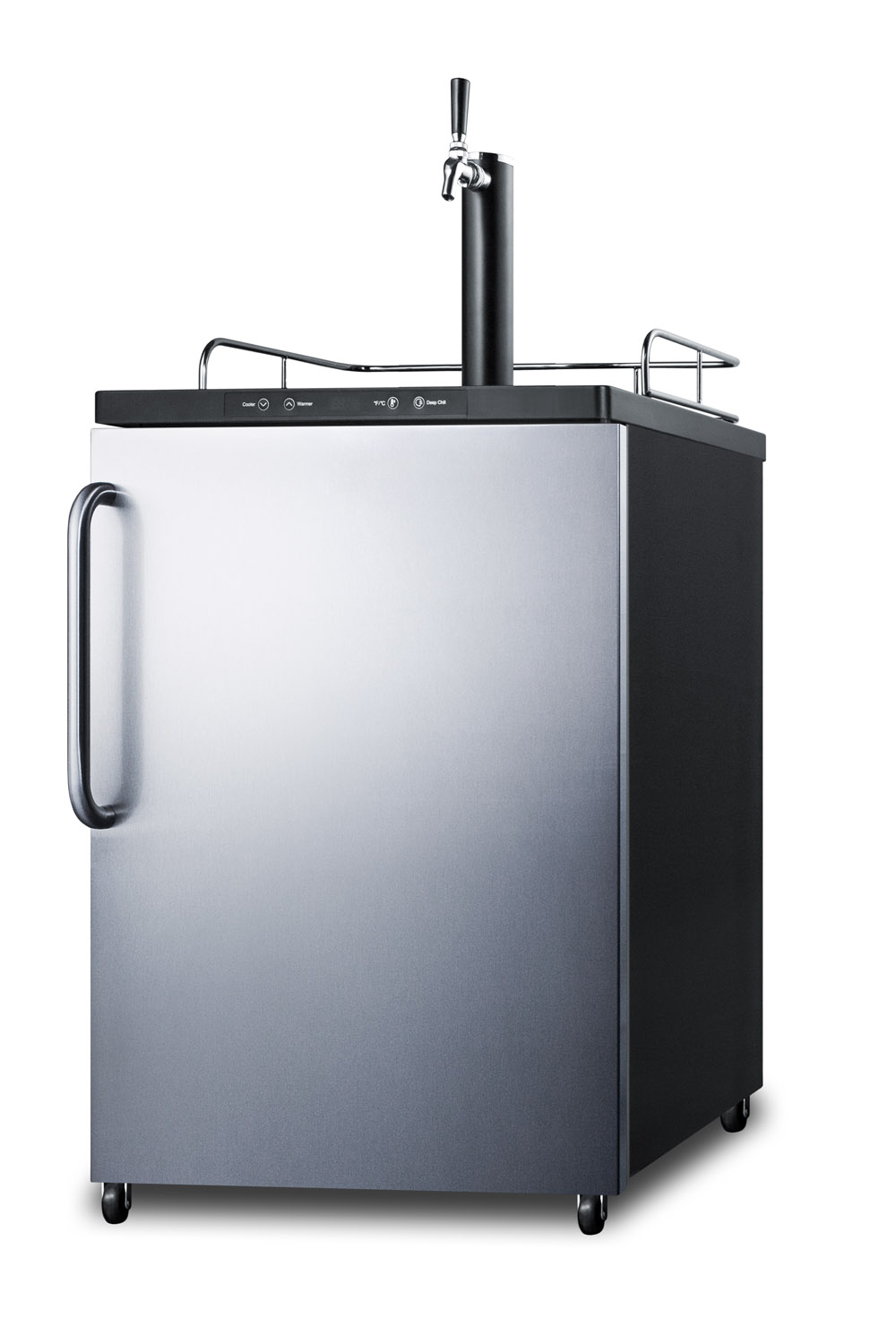Freestanding residential beer dispenser, auto defrost with digital thermostat, stainless steel wrapped door, towel bar handle and black cabinet